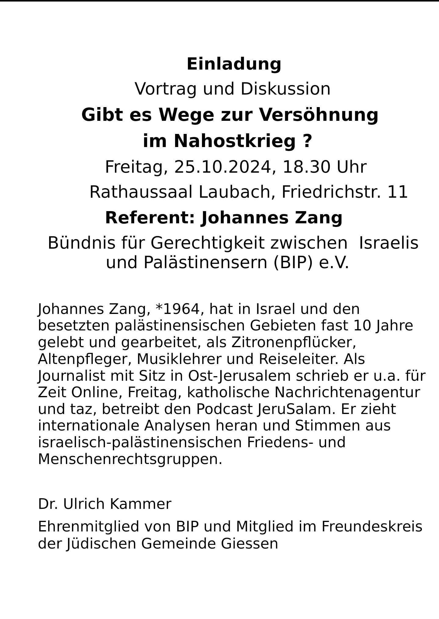 Vortrag und Diskussion "Gibt es Wege zur Versöhnung in Nahostkrieg"